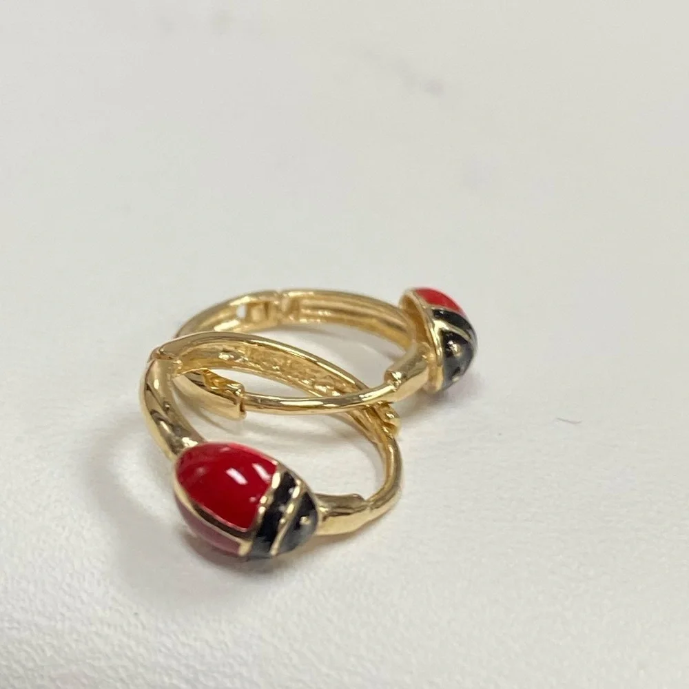14K Yellow Gold Ladybug Huggies Earrings